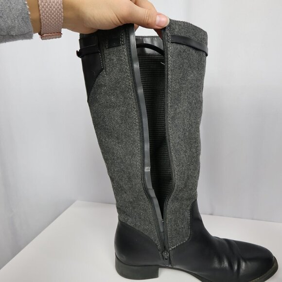 Tommy Hilfiger Black Faux Leather Gray Wool Like Tall Riding Buckle Boots - 9.5 - Picture 13 of 14